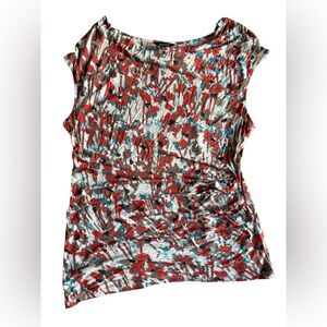 Daisy Fuentes Red and Blue Abstract Print Blouse with Cowl Neckline
